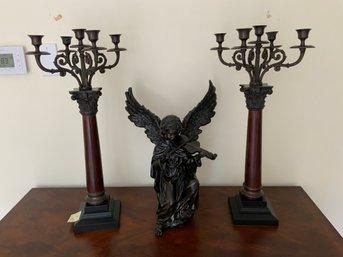 3B Pair Of Decorative Four Arm Candlesticks And An Angel Figurine Made From Composite Material