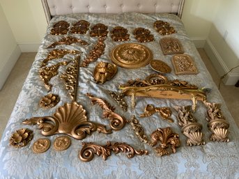 3B Large Lot Of Decorative Faux Gold Wall Elements Most Made From Composite Material