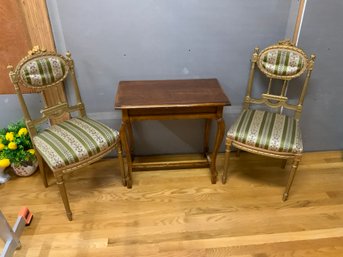 3A Small Side Table And Pair Of Green Striped Upholstered Chairs