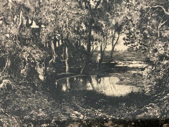 Antique Etching Unsigned Mystery Artist Scene Of Forlorn Woods Figure & Boat 19th Century Art