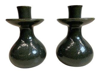 Pair Of Mid Century Modern Japanese Porcelain Candlesticks With Green Glaze