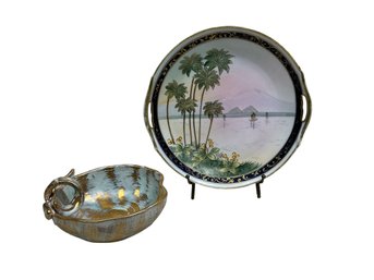 Antique Nippon Nile Scene Platter And MCM Stangl Pottery Antique Gold 3785 Handled Bowl