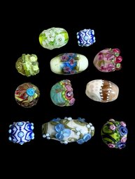 Eleven Hand Blown Glass Lamp Work Beads Boho Floral Multicolor Funky