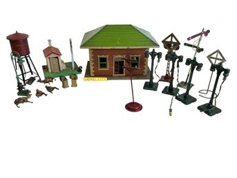 Lot Of Lionel Train Accessories Waiting Room Automatic Gateman Railroad Crossing Signs Lionel City Sign Etc