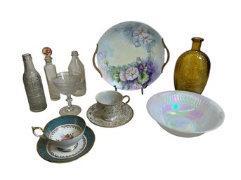 Antique Limoges Platter Iridescent Oven Proof Bowl Teacups Soda Bottles George Washington Amber Bottle Etc