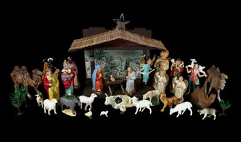 Vintage Assembled Creche Manger Set Papier Mache Plaster And Rubber Figures Christmas Decoration