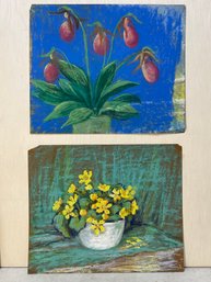 Pair Of Antique Pastel Still Lifes Lady Slipper And Yellow Flowers