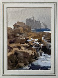 Watercolor Of Rocks And Passing Ship