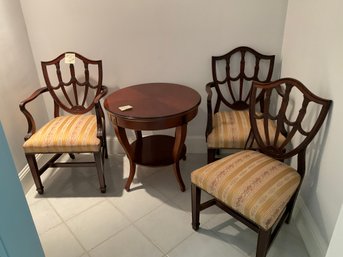 3rd Floor Round Side Table And Three French Style Upholstered Chairs