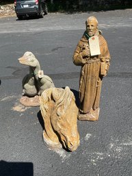 Three Pieces Of Concrete Lawn Ornaments Saint Ducks Horse Head