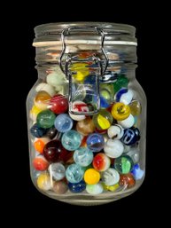 Glass Jar Full Of Vintage/Antique Marbles Aggies, Beehives, Cats Eyes