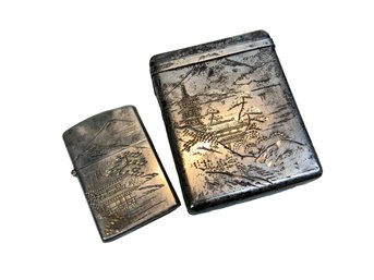 Vintage Engraved Sterling Cigarette Case & Lighter