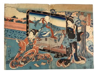 Antique Japanese Wood Block Possibly Kunisada Diptych Of Geishas