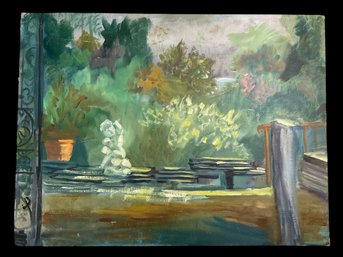 Vintage Decorative Unsigned Oil On Board Garden Scene With Cherub Statue