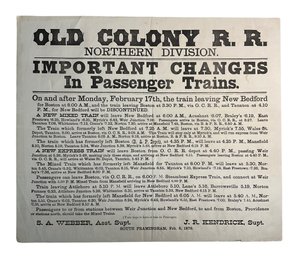 Original Antique Train Broadsheet Broadside 1879 New Bedford Boston Service Railroad Ephemera