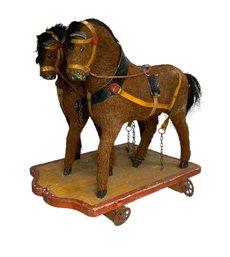 1930s German Double Horse Team Wooden Pull Toy