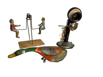 Three 1930s Litho Toys German Wind Up Duck Little Wonder Telephone Teeter Totter