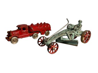 Hubley Iron Toy Grader And AC Williams Gasoline Tanker Truck Toy