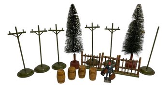 1930s Toy Train Scenery Pieces Including Telephone Poles & Insulators Red Cap Porter Etc.