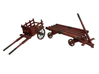 Two Antique 1920s Handmade Wooden Toy Carts