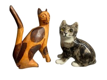 Two Vintage Cat Figures Porcelain And Wood One Signed England