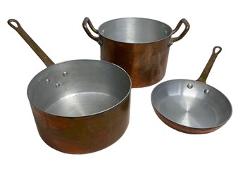 Three Pieces Of Vintage Copper Cook Ware Sauce Pan Fry Pan And Stock Pot Possibly Centuria Baumlin French