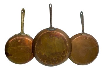 Lot Of Three Vintage Copper Frying Pans Made In Holland Congusto Italy And Maker Unknown