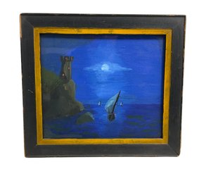 Small Vintage Folk Art Painting Of Sailboats And Castle Night Scene