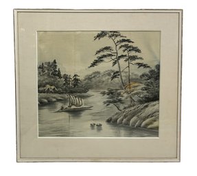 Vintage Japanese Painting On Fabric Of River Scene With Boat