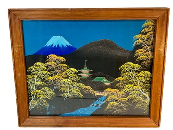 Vintage Painting On Fabric Of Mount Fuji Japan