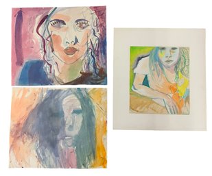 Three Watercolor Modernist Abstract Portraits Of Women Unsigned