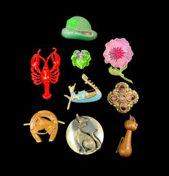 Group Of Vintage Costume Jewelry Brooches Kitsch Maine Lobster Cat Horse Enamel Flower St. Patricks Day Etc