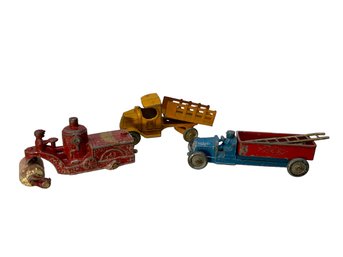 Trio Of 1930s Die-cast Toys Original Paint Steam Roller And Trucks