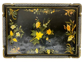 Large Antique Painted Morning Glory Metal Tole Tray