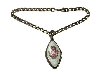 Guilloche Enamel Victorian Sterling Locket On Wrist Chain