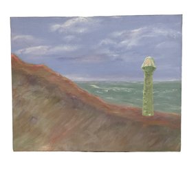 Vintage Abstract Oil On Canvas Painting Of Lighthouse Or Monolith On Beach By A Siciliano Signed