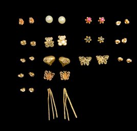 14K Gold Lot Of Eight Pairs Of Earrings Butterfly Teddy Bear Heart Etc