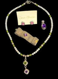 Sterling Jewelry Lot Janice Girardi Earrings With Amethysts Mesh Bracelet Necklace And Pendant