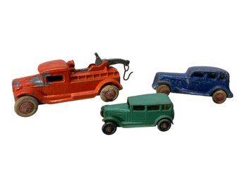 Three Antique Die-Cast Toys Tow Truck And Cars Original Paint