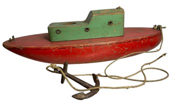 Antique 1920s Wooden Toy Boat With Iron Anchor