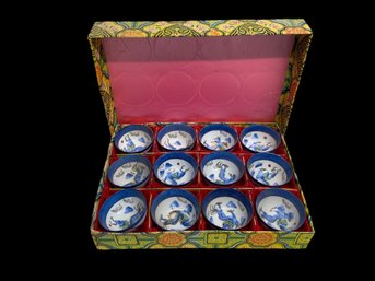 Vintage Chinese Dragon Decorated Small Bowls Or Teacups Boxed Set Of 12