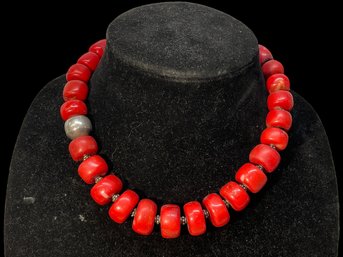 Large Red Coral Beaded Necklace Sterling Clasp