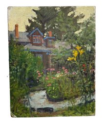 Antique Impressionist Oil On Canvas Laid On Board Unsigned House And Garden Scene