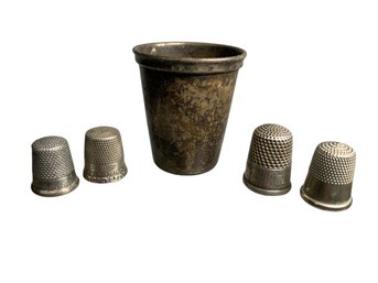 Antique Thimble Form Shotglass Hall Marked Possibly Silver And Four Antique Thimbles