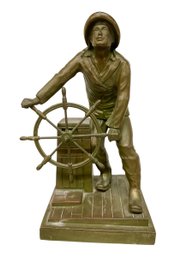 Leonard Craske Gloucester MA Man At The Wheel Bronze Or Plated Cast Statue Vintage