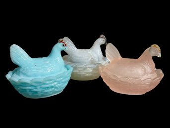 Trio Of Vallerysthal Glass Lidded Hen On Nests Salt Wells