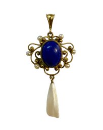 14K Lapis And Pearl Antique Pendant