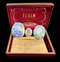 Three Antique Hand Painted Porcelain Brooches Floral And Portrait