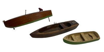 Three Antique Wooden Toy Boats Rowboat Etc.