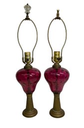 Pair Of Antique 19th C. Cranberry Glass Oil Lamps On Marble Bases Electrified